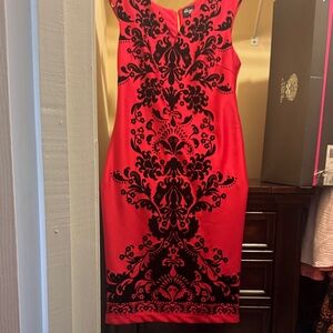 Beige by eci Red and Black Elegant Midi Dress